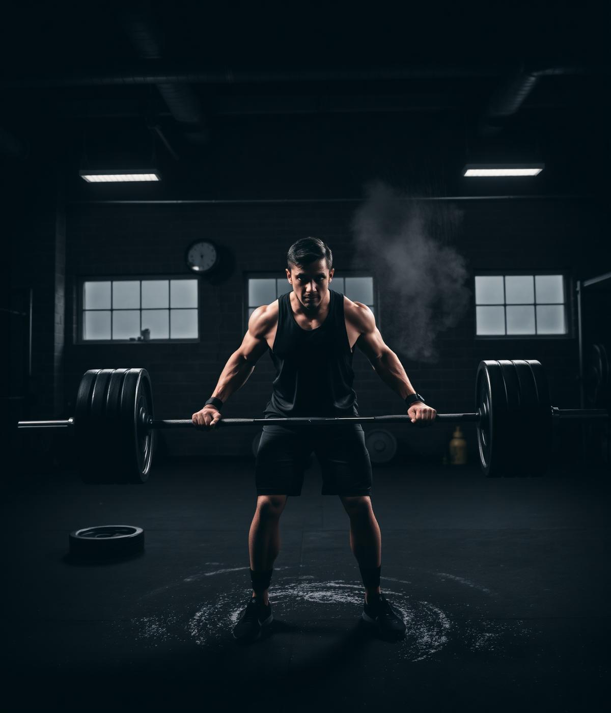 Athlete lifting a barbell in a dark industrial gym
