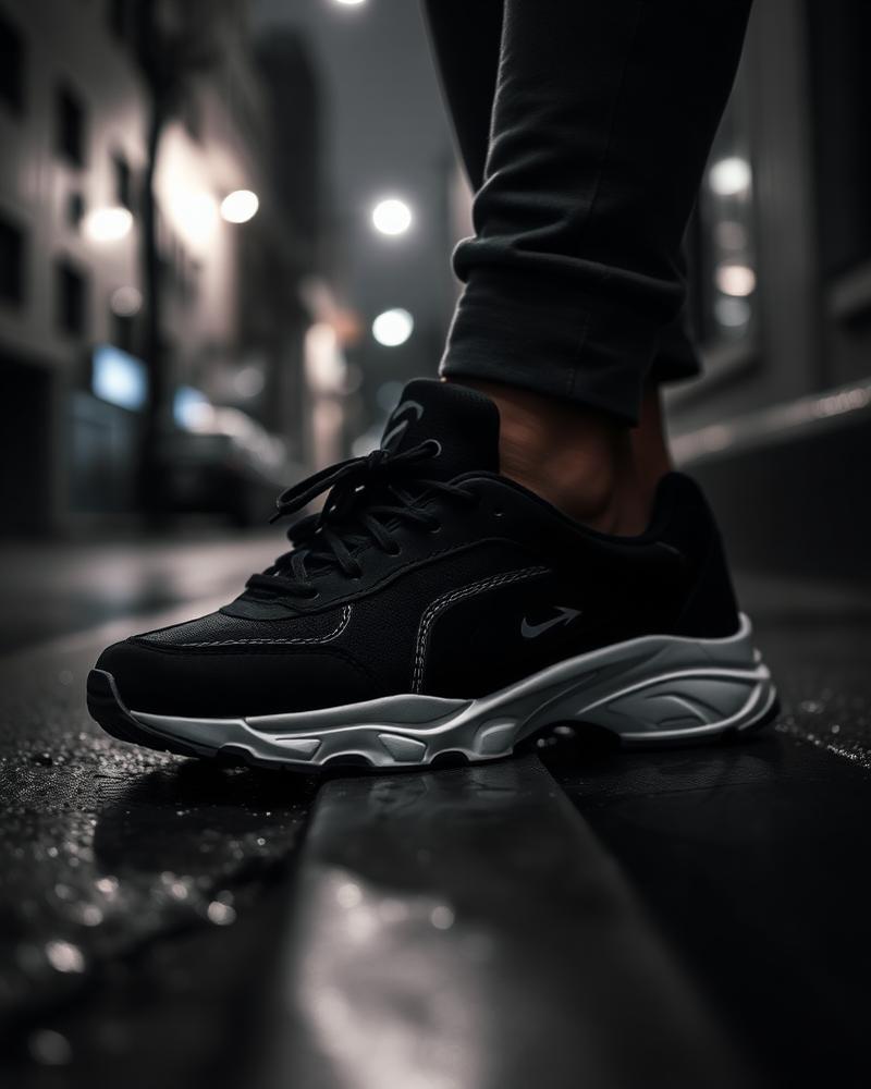 Close up of black trainers on wet city pavement