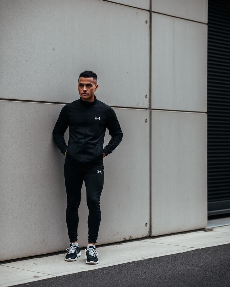 Man in black technical tracksuit on a city street