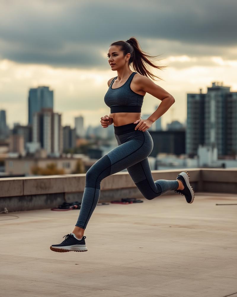 Woman running in performance kit on a rooftop